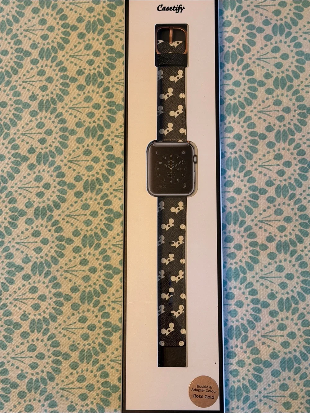Casetify Black iWatch 38mm Band with White Mouse Ears and Rose Gold Buckle